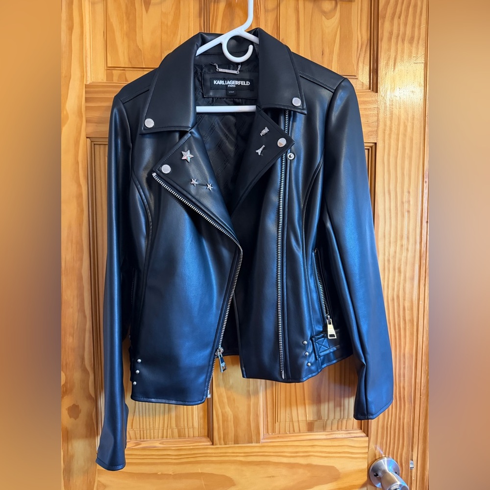 Karl Lagerfeld Black Faux Leather Studded Moto Jacket